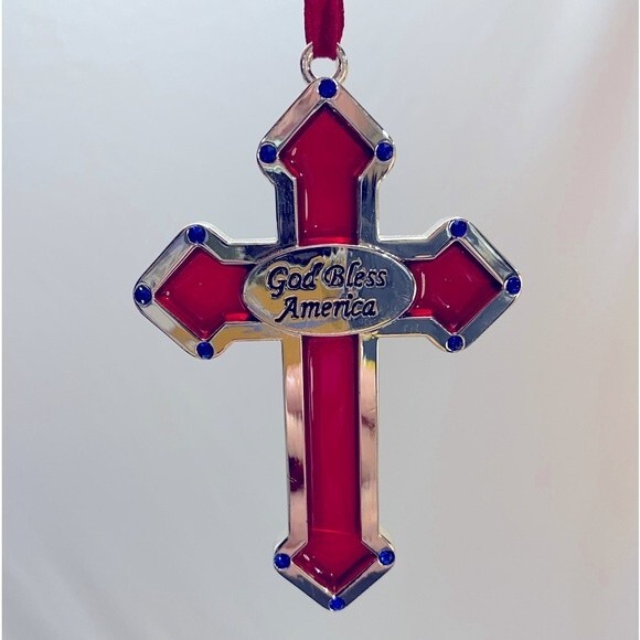 God Bless America Red Stained Glass Cross Ornament Sun Catcher Blue Swarovski - Picture 2 of 3